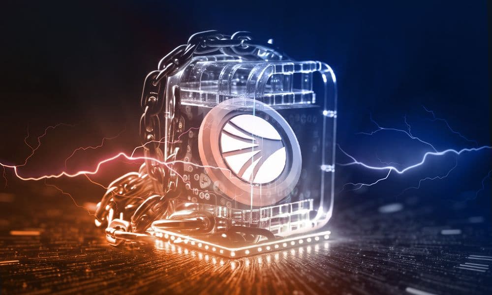 A transparent, futuristic blockchain cube secured with heavy metallic chains, glowing with blue and orange electric sparks on a high-tech circuit board background, symbolizing robust security and advanced technology.