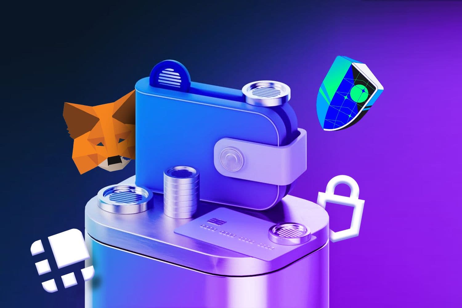 Illustration of a crypto wallet with a lock emoji, MetaMask, Trust wallet, Ledger and Trezor logos on a vibrant blue and purple neon background, representing blockchain security and digital asset management.