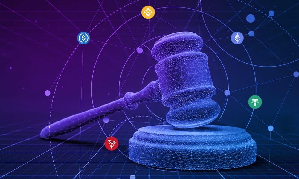 A digital gavel made of wireframe mesh surrounded by cryptocurrency logos (USDC, Binance, Ethereum, Tether, TRON), symbolizing global crypto regulation.