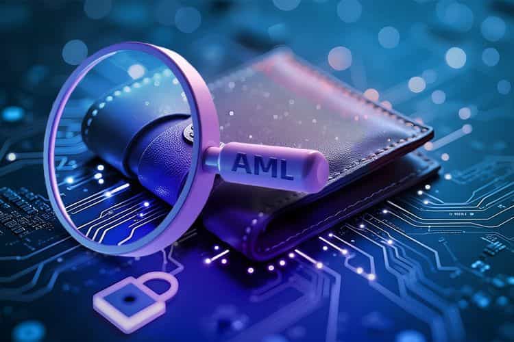 Magnifying glass labeled “AML” inspecting a digital crypto wallet on a glowing circuit-board background with a padlock icon, symbolizing anti-money-laundering checks on digital assets.