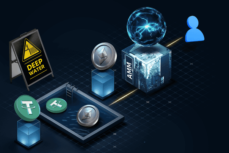 Illustration of a crypto liquidity pool with ETH and USDT tokens in a deep-water pool feeding into an AMM box connected to a user icon, with a warning sign labeled “Deep Water.”