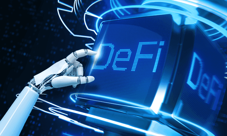 A robotic hand reaches toward a glowing digital display that reads “DeFi,” surrounded by futuristic blue circuitry and holographic elements.
