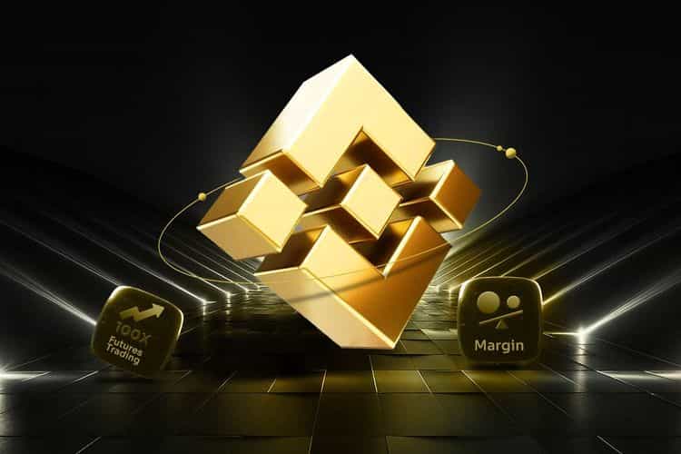 3D gold Binance logo floating in a futuristic dark tunnel, with glowing UI-style tiles showing “100x Futures Trading” on the left and “Margin” on the right.