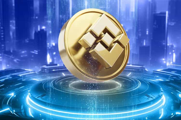 A futuristic digital coin featuring the Binance logo, displayed on a glowing pedestal in a modern, tech-inspired environment.