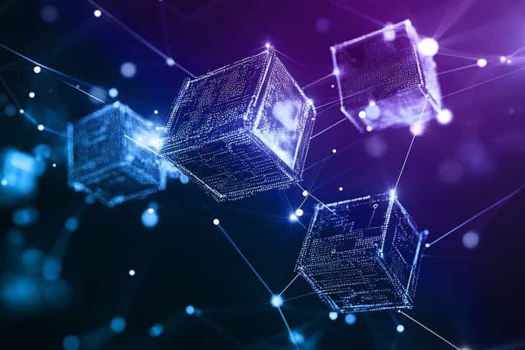 A detailed infographic illustrating the structure of a blockchain, showing a chain of connected blocks, with icons representing transactions, decentralization, and cryptographic hashes.