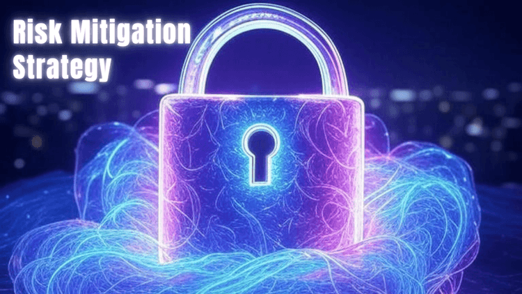 A futuristic design with digital elements, featuring the title "Risk Mitigation Strategies."
