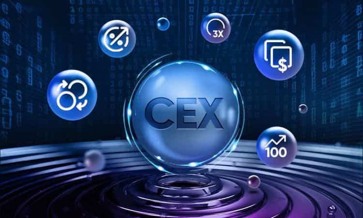 A digital representation of CEX with various financial icons, symbolizing trading, convert, margin, copy, leveraged and futures trading.