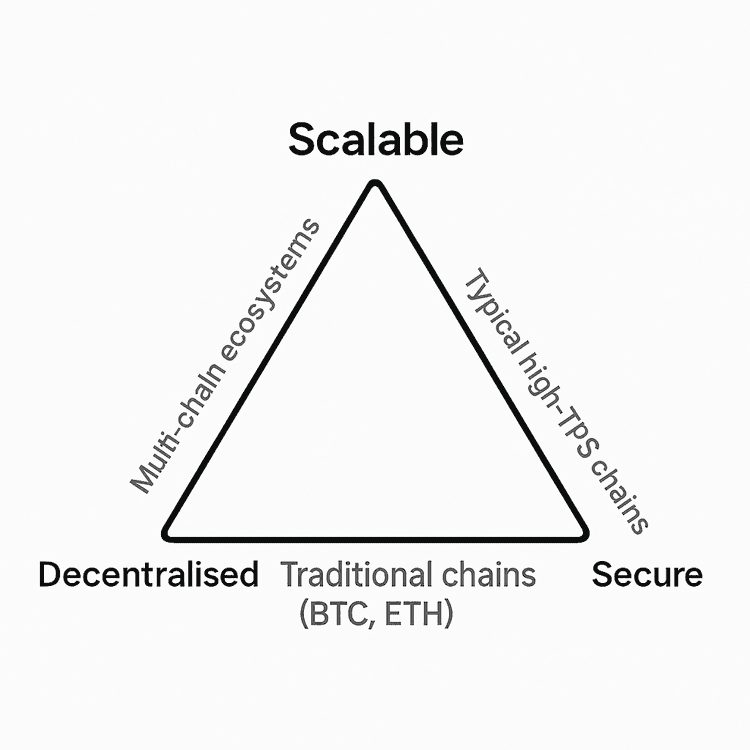 Triangle diagram showing the blockchain trilemma: Scalable, Decentralised, and Secure with related blockchain types.