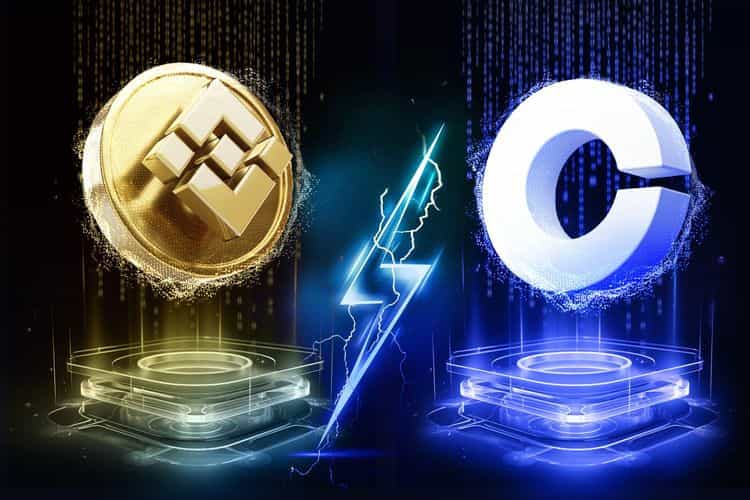 Illustration of Binance and Coinbase logos facing off, with a gold Binance coin on the left and a white-and-blue Coinbase “C” on the right, separated by a glowing lightning bolt.