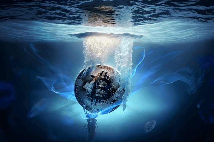 A submerged Bitcoin coin sinking underwater with bubbles and blue light, symbolizing the collapse of cryptocurrency prices during a major market crash.