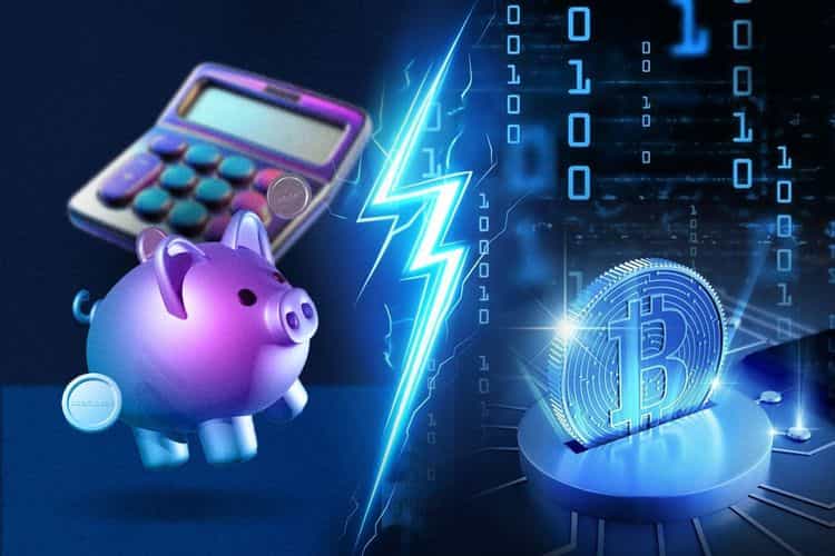 Split-screen illustration of crypto finance, left, a purple piggy bank and calculator; right, a glowing Bitcoin amid binary code, divided by a lightning bolt to suggest fast, digital swaps.