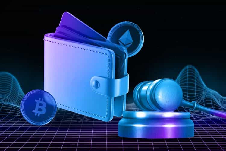 3D illustration of a digital wallet with Bitcoin and Ethereum coins, next to a judge’s gavel, symbolizing crypto wallets regulations.