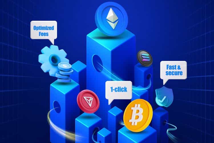 3D illustration of various cryptocurrency tokens including Ethereum, Bitcoin, Solana, and TRON on blue blocks, with icons and labels highlighting features like "Optimized Fees," "1-click," and "Fast & secure."