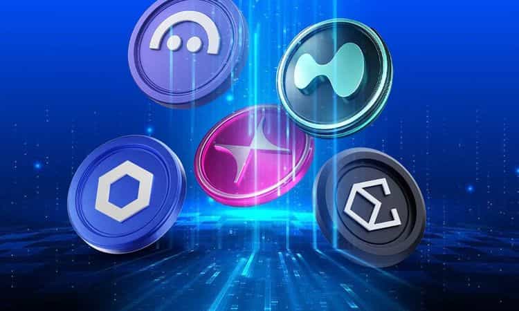 A digital artwork showing the logos of UniSwap, Aave, Ethena, Chainlink, and Hyperliquid floating against a futuristic backdrop.