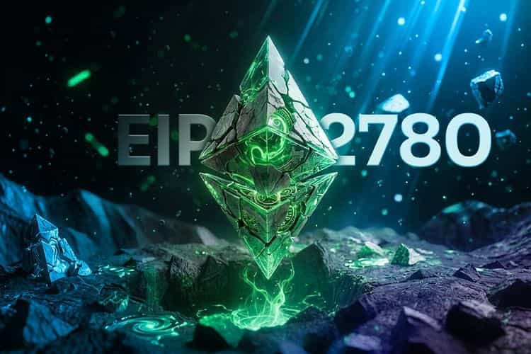 Futuristic glowing Ethereum crystal floating above rocky terrain with the text “EIP-2780,” symbolizing Ethereum's proposal to replace the fixed 21,000 gas model with resource-based transaction pricing.