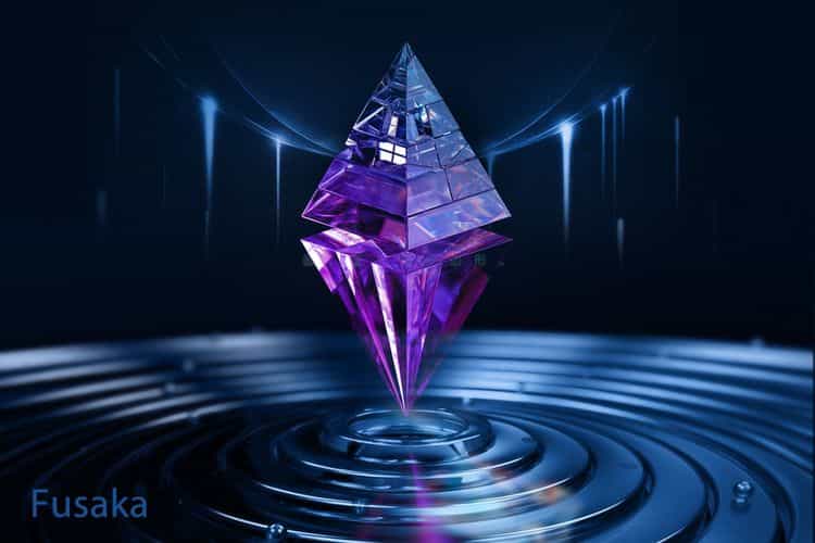 A glowing, multi-faceted purple crystal shaped like stacked pyramids hovers above circular ripples of light in a dark, futuristic environment.