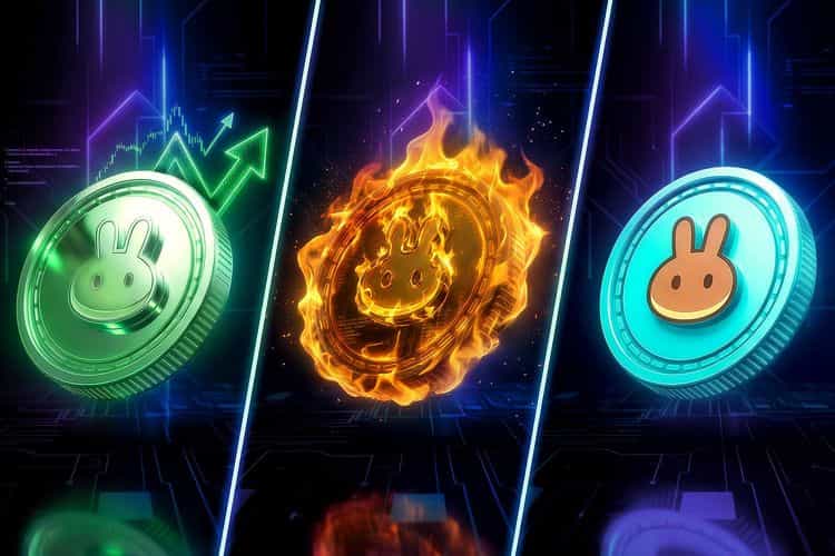 PancakeSwap (CAKE) coin shown three ways, bullish green, flaming “surge,” and cool blue.