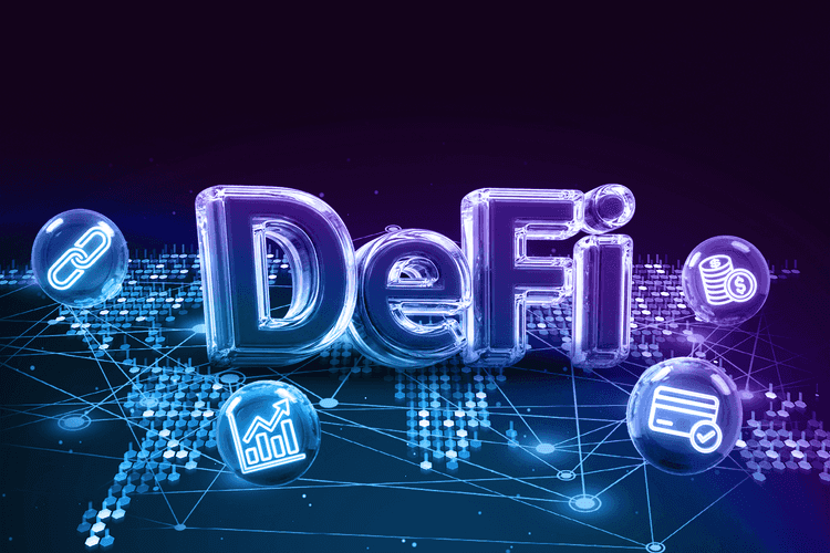 Glowing DeFi text over a digital world map with icons for blockchain, payments, and finance.