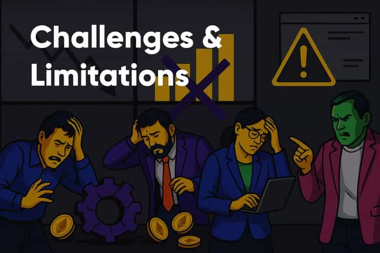 An illustration of stressed businesspeople represents the challenges and limitations faced by Automated Market Makers (AMMs), such as financial losses, inefficiencies, and technical issues.