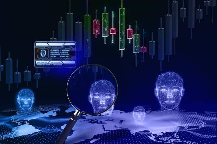 An illustration depicting KYC rules in crypto, with digital human avatars, a magnifying glass showing a cyber ID, and candlestick charts.
