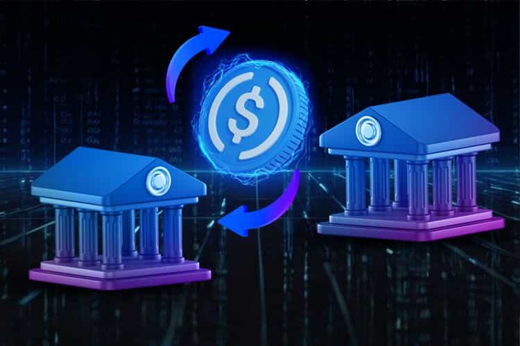 A digital illustration showing two banks exchanging a dollar-backed cryptocurrency symbol, representing cross-border crypto payments between financial institutions.
