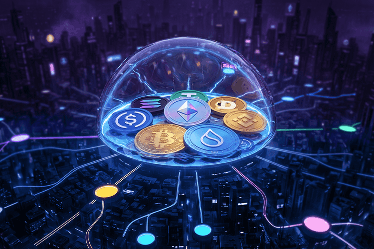 A futuristic digital dome protects a collection of popular cryptocurrencies above a neon-lit city, symbolizing secure omnichain connectivity.