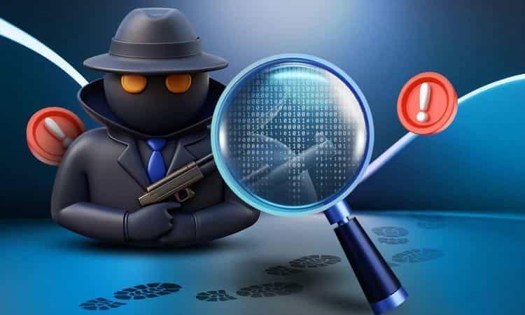 Cartoon masked detective with a pistol under a magnifying glass of binary code, warning icons, and footprints, symbolizing tracking and flagging crypto scams.