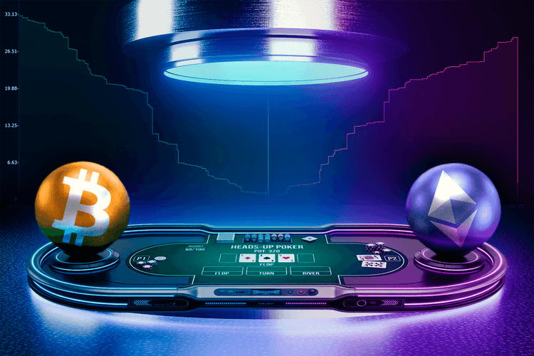 Bitcoin and Ethereum spheres face off above a futuristic poker table, with mirrored on-chain price metric charts glowing in the background.