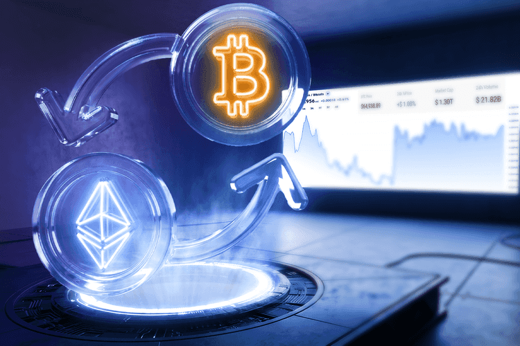 Bitcoin and Ethereum symbols connected by swap arrows in front of a cryptocurrency market chart.