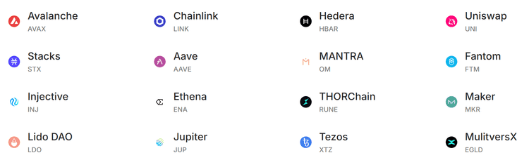 A vibrant grid showcasing DeFi and blockchain tokens including Avalanche, Chainlink, Hedera, Uniswap, Stacks, Aave, MANTRA, Fantom, Injective, Ethena, THORChain, Maker, Lido DAO, Jupiter, Tezos, and MultiversX.