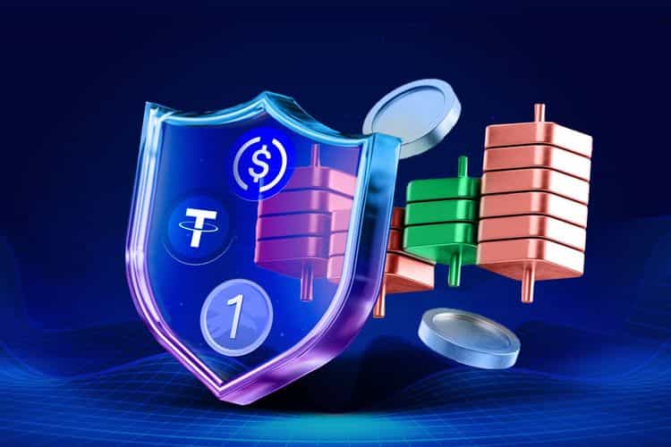 A digital illustration showing stablecoin symbols (USDC, USDT, and 1USD) protected by a glowing shield, symbolizing security and collateralization in stablecoin systems, with balanced metal weights representing financial stability.