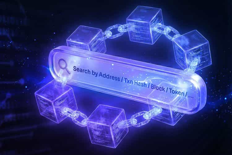 Glowing blockchain search bar reading “Search by Address / Txn Hash / Block / Token / …” surrounded by a chain of luminous digital blocks on a dark blue background.