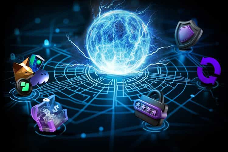 Glowing blue energy sphere above a digital network grid, surrounded by icons of crypto wallets, a security shield, a refresh symbol, a password lock, and a crypto treasure chest, representing the core features of a decentralized exchange (DEX) aggregator.