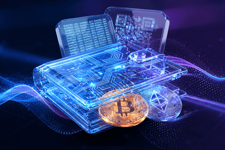 Neon blue and purple crypto wallet illustration with Bitcoin and Ethereum icons and a blockchain wallet address in the background.