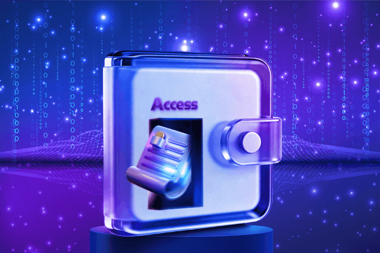 A futuristic digital access vault glowing in blue and purple neon light, featuring a secure lock handle and a floating access card against a binary-code cyber background.