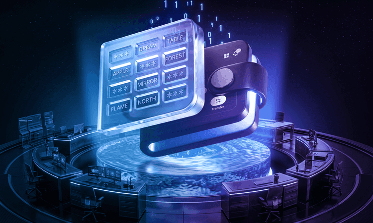 A 12-word crypto seed phrase panel with some words masked, floating beside a digital wallet above a glowing transfer portal.