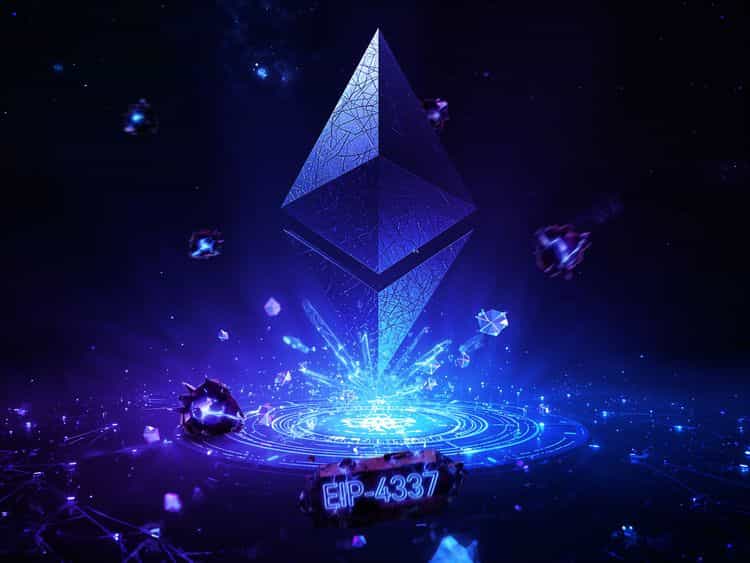 A glowing, futuristic Ethereum logo made of cracked glass hovers over a digital circular platform in deep blue and purple space, surrounded by floating crystal shards and asteroids, with “EIP-4337” illuminated on a fragment in the foreground.