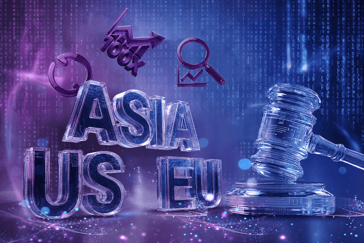 A digital illustration showing a judge’s gavel and the words “ASIA US EU” with cryptocurrency and gender symbols over a data-themed background, symbolizing global crypto exchange regulation.