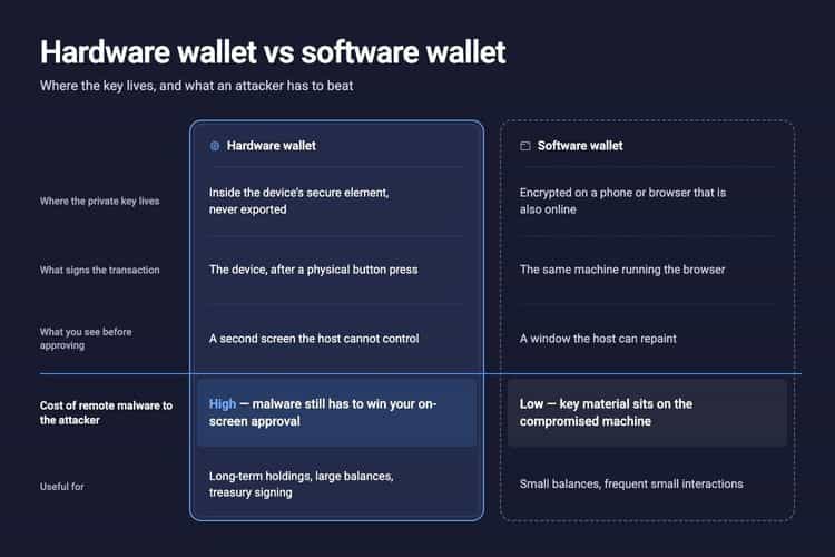 Comparison table: where the private key lives, what signs, what you see, and malware cost, per wallet type