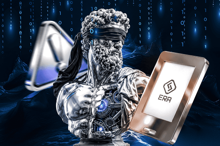 Blindfolded silver statue holds a hardware wallet listing Bitcoin, Ethereum, Solana and XRP apps.