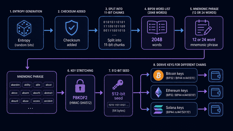 Flowchart: entropy becomes a 12- or 24-word seed phrase, then a 512-bit seed, then keys for Bitcoin, Ethereum and Solana