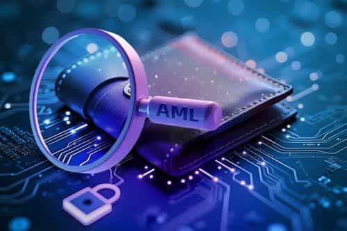 Magnifying glass labeled “AML” inspecting a digital crypto wallet on a glowing circuit-board background with a padlock icon, symbolizing anti-money-laundering checks on digital assets.