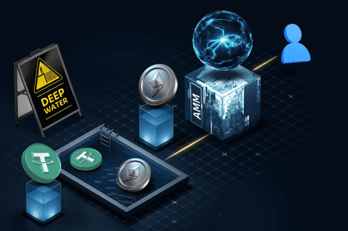Illustration of a crypto liquidity pool with ETH and USDT tokens in a deep-water pool feeding into an AMM box connected to a user icon, with a warning sign labeled “Deep Water.”