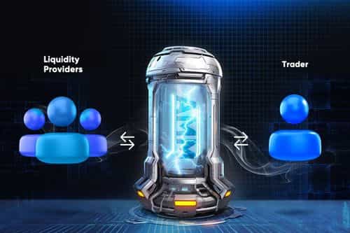 Futuristic AMM vault between a group of liquidity providers and a single trader, with arrows showing two-way token swaps.