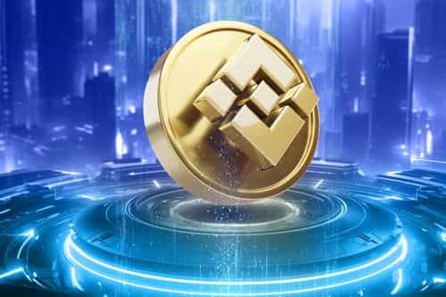 A futuristic digital coin featuring the Binance logo, displayed on a glowing pedestal in a modern, tech-inspired environment.