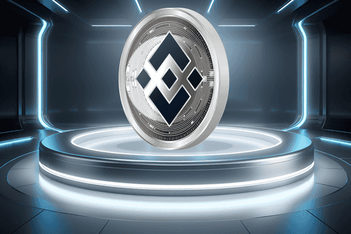 A futuristic digital coin featuring the Binance logo, displayed on a glowing pedestal in a modern, tech-inspired environment.
