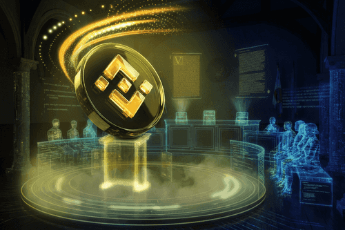 A glowing, holographic courtroom scene featuring a large golden Binance coin floating above a digital podium, surrounded by translucent, data-like figures representing regulators and observers.