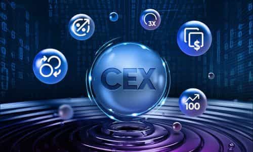 A digital representation of CEX with various financial icons, symbolizing trading, convert, margin, copy, leveraged and futures trading.