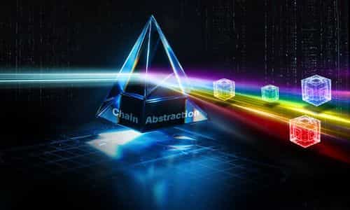 A glass prism labeled "Chain Abstraction" refracts a single light beam into multiple colored rays, each carrying a distinct blockchain cube, illustrating how chain abstraction unifies fragmented networks into one interaction layer.