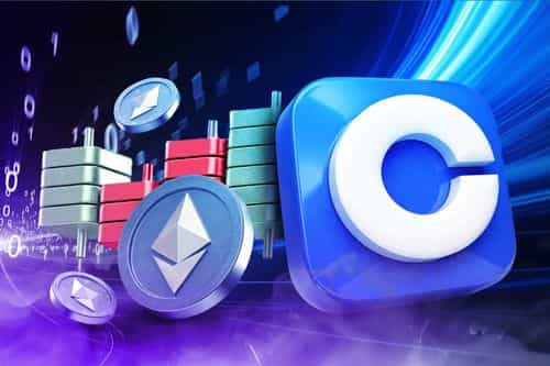 Coinbase cryptocurrency exchange visual showing Ethereum coins, stacked market indicators, and digital price movement graphics